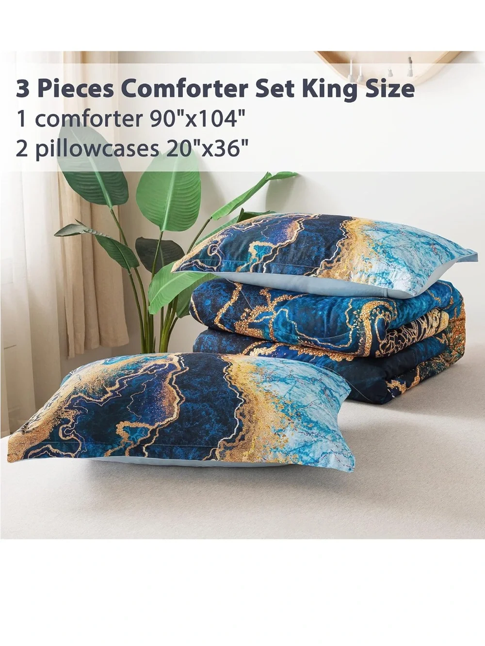 Blue & Gold Marble Quilted Comforter Set - 2 shams + comforter